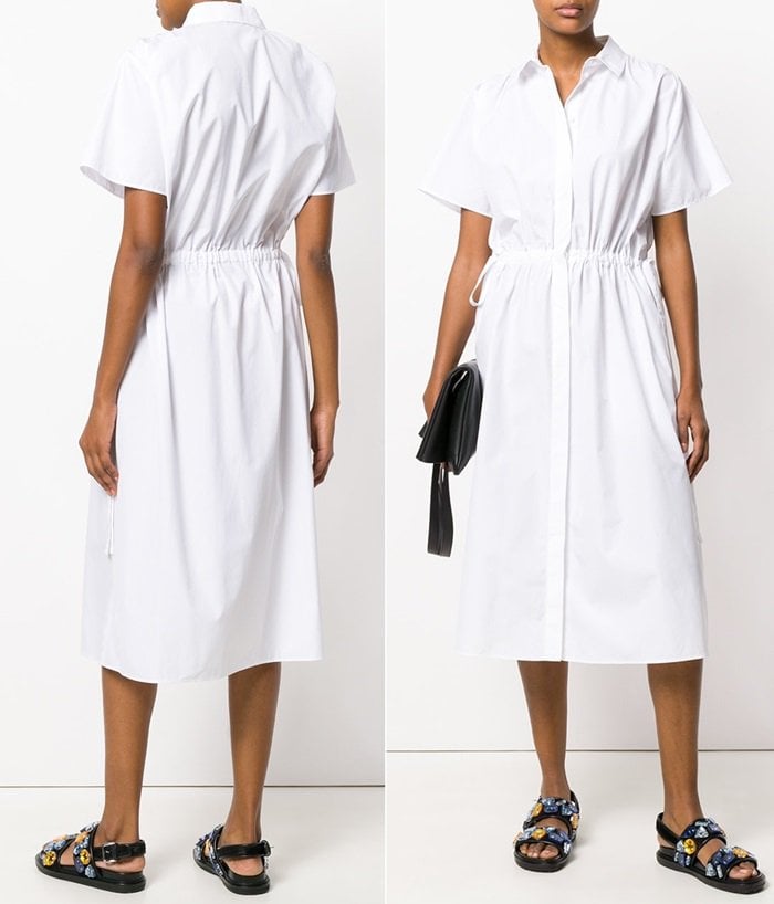 Expertly crafted from fine cotton, the dress features a concealed front button fastening, short sleeves, a mid length, a pleated skirt and a drawstring waist.