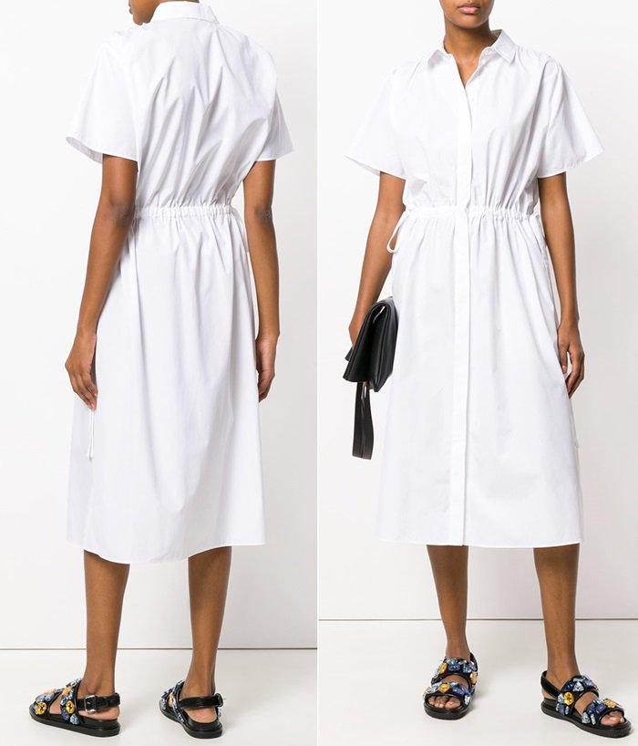 Expertly crafted from fine cotton, the dress features a concealed front button fastening, short sleeves, a mid length, a pleated skirt and a drawstring waist.