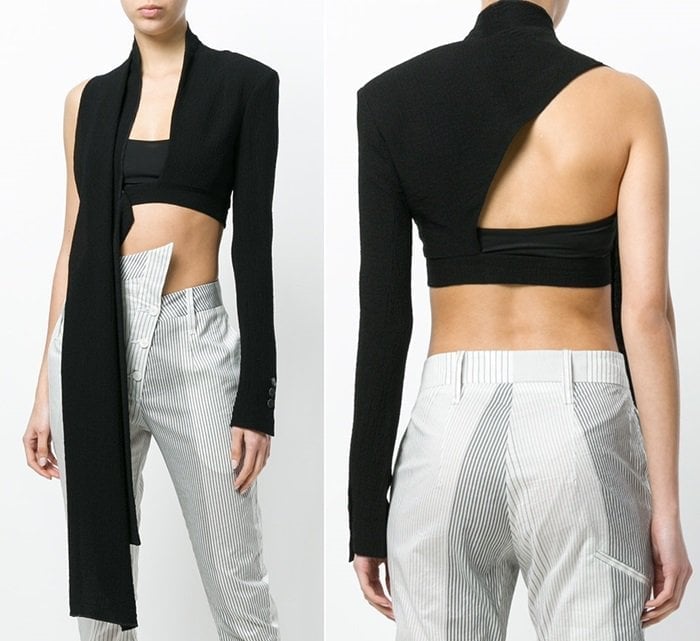 Black asymmetric-sleeve crop top from Lost & Found Ria Dunn