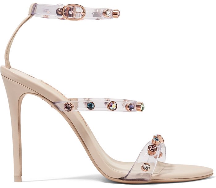 Introducing our Rosalind Gem sandal in elegant nude with clear vinyl multi straps embellished with coloured gems