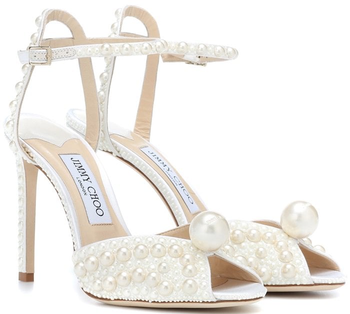 White Satin Sacora Sandals With All Over Pearls