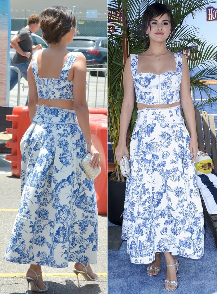 Selena Gomez looked lovely in a white and blue floral Oscar de la Renta bustier top and midi skirt