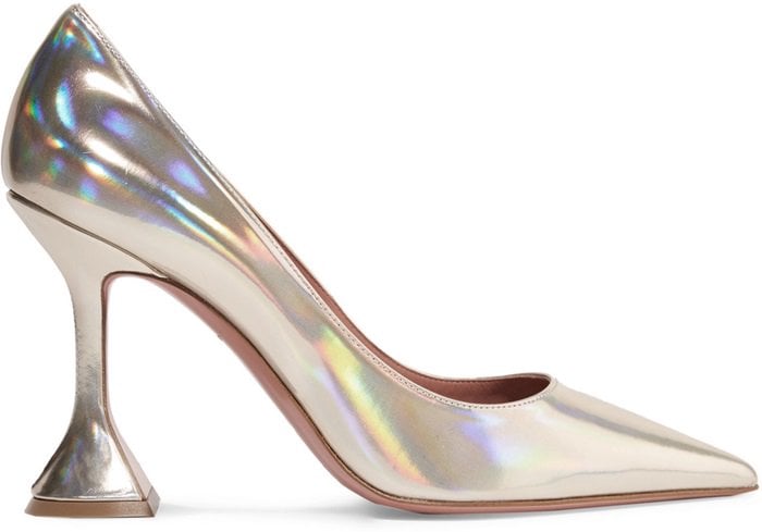 Take note of the flared signature heel on Amina Muaddi's 'Ami' pumps that have been made in Italy from holographic leather with a sharp pointed toe