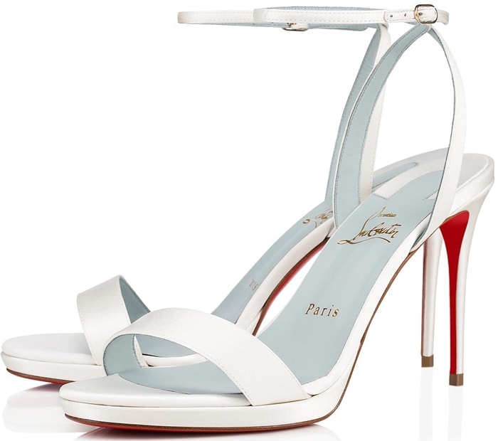 Styled with a leg-lengthening 100mm covered stiletto heel, the open toe sandal, constructed of off white crepe satin, finds inspiration in traditional French cabaret