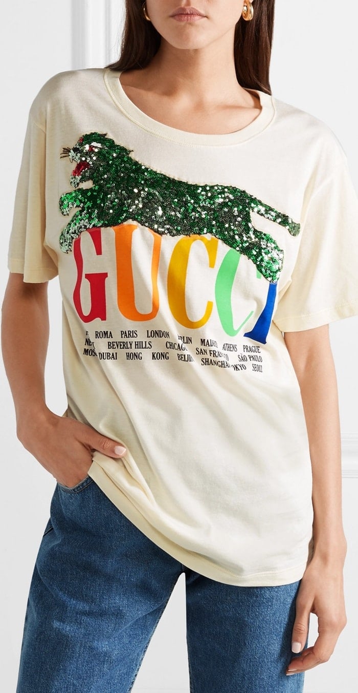 Made in Italy from soft cotton-jersey, this version features the house's moniker in rainbow lettering and signature tiger saturated in shimmering sequins
