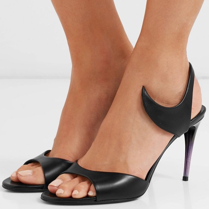 These smooth black leather sandals rest on a purple and black 90mm heel