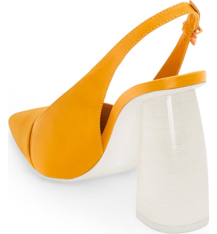 An asymmetric topline combined with an architectural heel make these slingbacks contemporary and fun all at the same time.