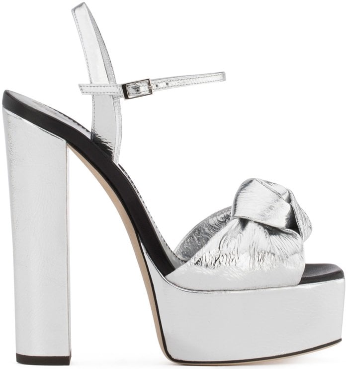 Silver-toned leather Barbra sandals featuring an open toe, a knot detail, a branded insole, a platform sole and a high block heel.