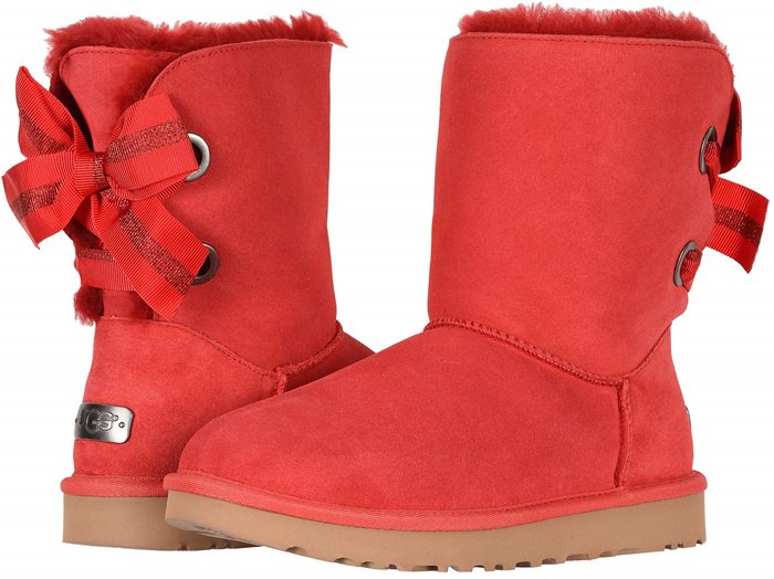 red uggs with ribbon on back