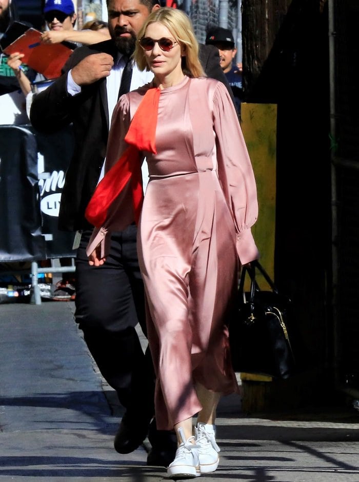 Cate Blanchett arrives in a dramatic silk dress for a taping of 'Jimmy Kimmel Live!' at the El Capitan Entertainment Centre in Los Angeles on September 13, 2018
