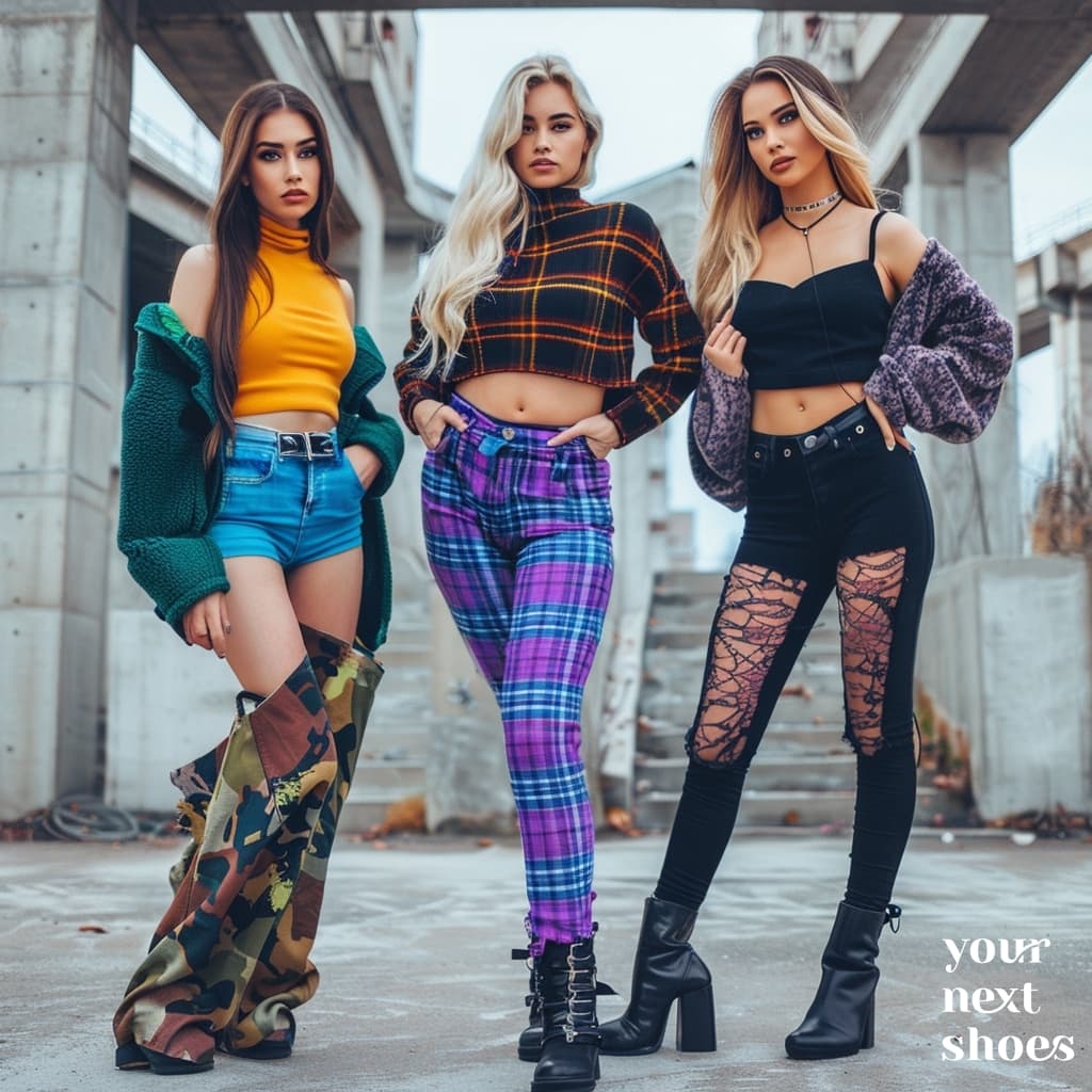 Flaunting confidence and style, these three fashionistas pair vibrant crop tops with statement bottoms and boots, perfectly capturing the essence of urban chic