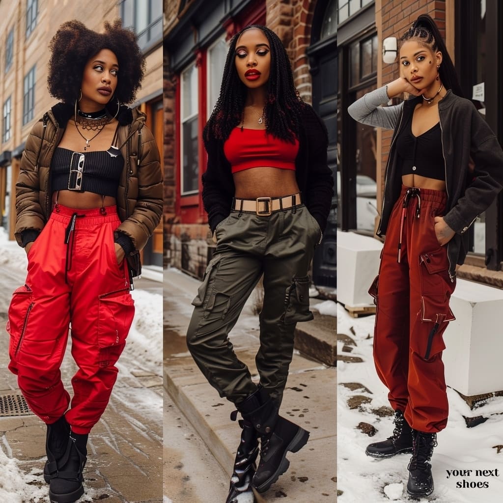 Braving the cold in style, these trendsetters pair bold crop tops with statement cargo pants for a fearless winter fashion statement