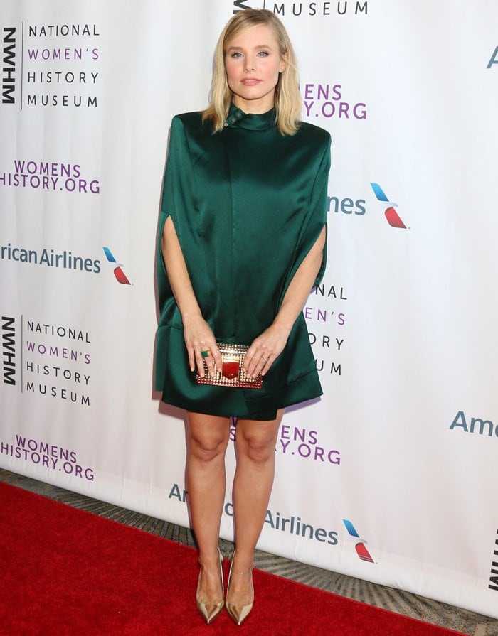 Kristen Bell in a satin cape from the August Getty Atelier Spring 2018 Couture Collection