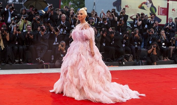 Lady Gaga in a stunning feathered gown at the premiere screening of 'A Star Is Born' held during the 2018 Venice Film Festival at Sala Grande in Venice, Italy, on August 31, 2018