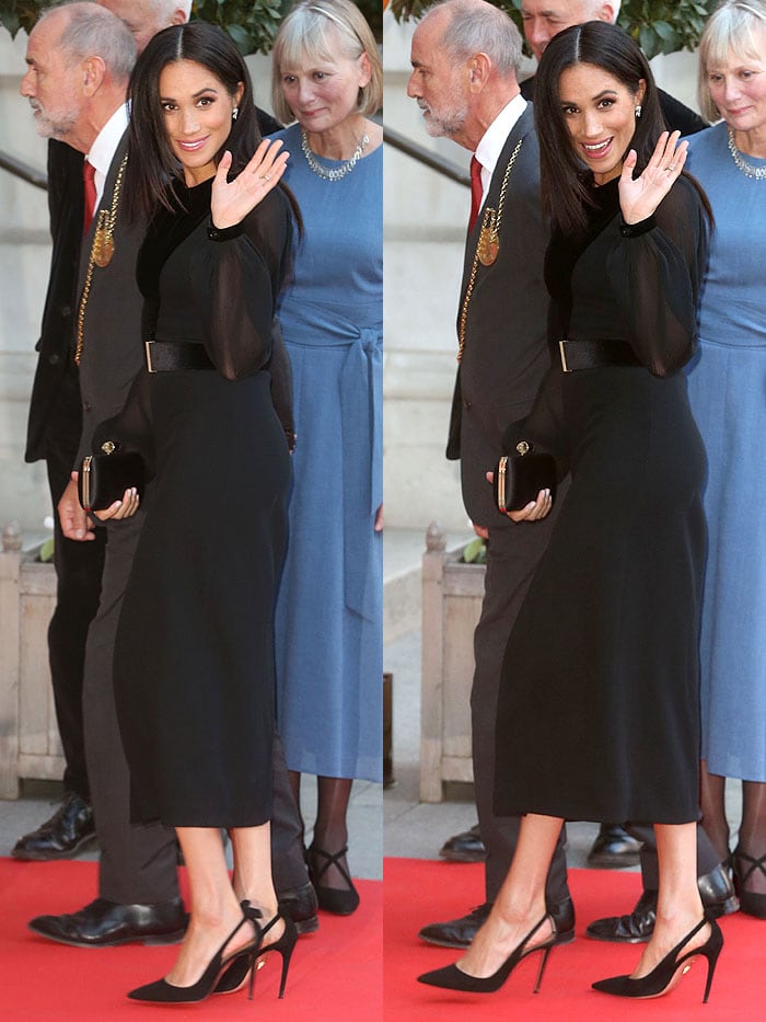 Meghan Markle radiates confidence in her go-to Aquazzura 'Deneuve' bow-back pumps, complementing her sophisticated Givenchy attire during her first solo royal engagement