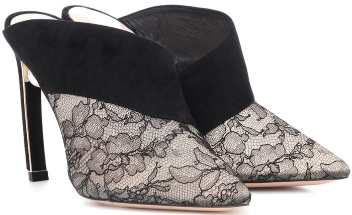 Nicholas Kirkwood continuously updates his signature Mira Pearl pumps from the Imperfect Tension collection and this new version in black lace mixed with velvet trims is an elegant update to the artfully designed mule