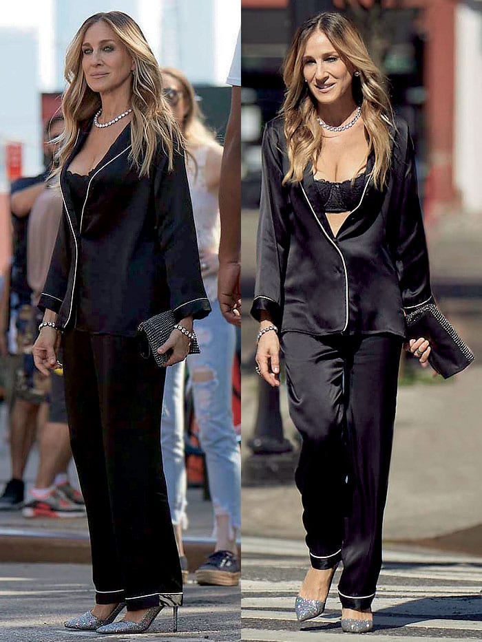 Sarah Jessica Parker shooting scenes for Intimissimi's Fall/Winter 2018 TV ad campaign around Manhattan in a balconette bra and silk pajama set from the Italian lingerie and underwear label