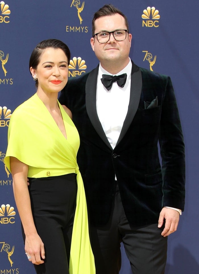 Tatiana Maslany in a neon yellow outfit from Christian Siriano