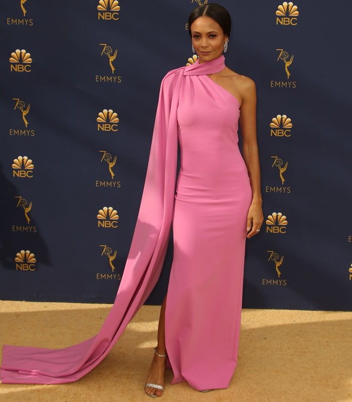 Thandiwe Newton in a pink crepe caped halter gown at the 2018 Emmy Awards held at the Microsoft Theater in Los Angeles on September 17, 2018