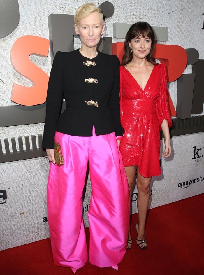 Tilda Swinton and Dakota Johnson on the red carpet at the premiere of Suspiria at the ArLight Cinerama Dome in Hollywood on October 24, 2018