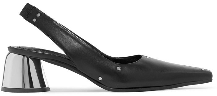 These pumps are made from black leather that's dotted with silver studs and has an elongated square toe