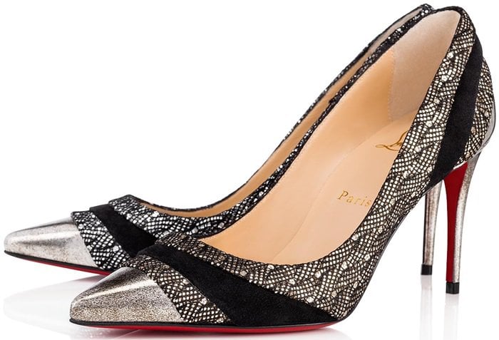 These pumps featuring an elegant curve have been crafted in a mix of glitter palace, crosta star with shiny reflects and black velour leather that sets the tone of a galactic style