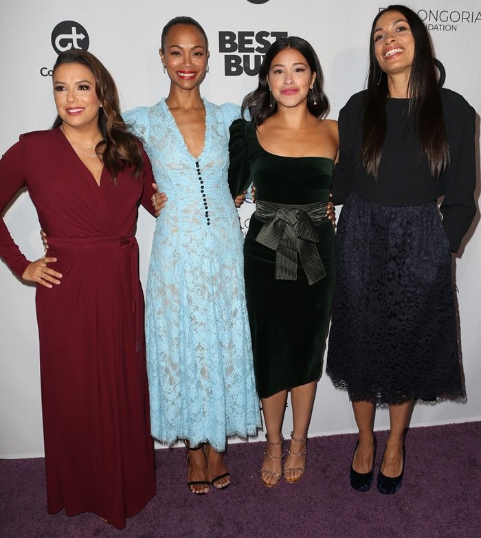 Gina Rodriguez, Eva Longoria, Zoe Saldana, and Rosario Dawson attending the Eva Longoria Foundation Dinner Gala held at the Four Seasons Hotel Los Angeles at Beverly Hills on November 8, 2018