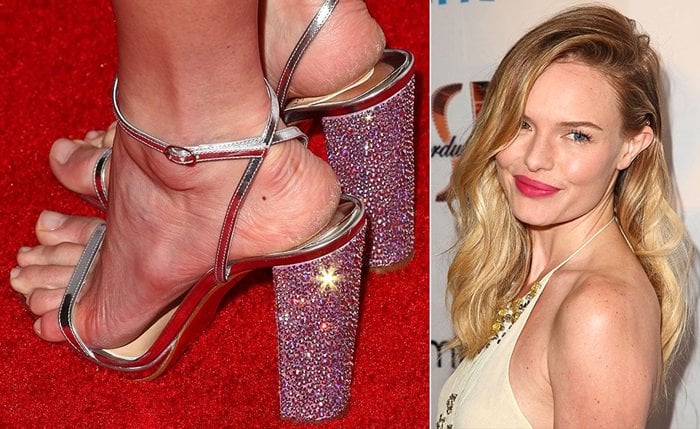 Kate Bosworth's feet in glittery block-heel sandals reveal visible toe overhang and dry, cracked skin
