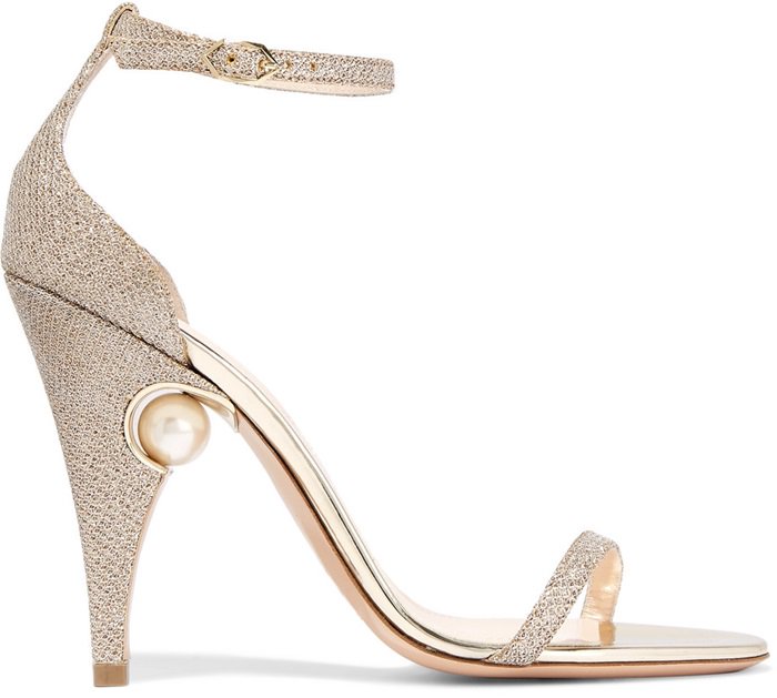 This pair has two slim straps and the heel is embellished with a glossy faux pearl – a brand signature