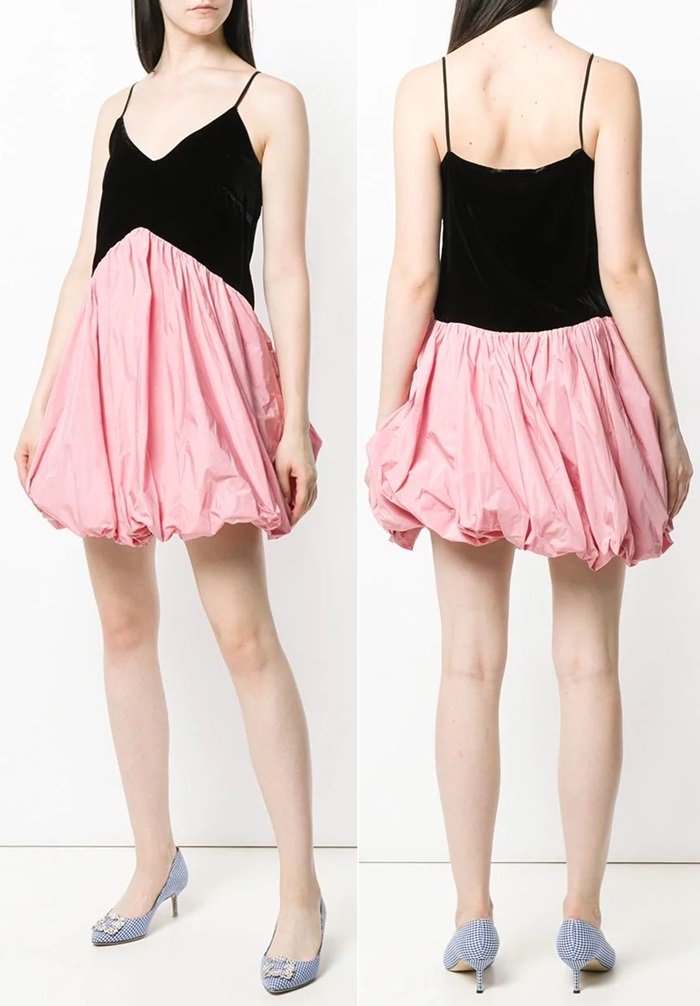 Pink and black twisted hem dress featuring a deep V neck, spaghetti straps, a side zip fastening, and a flared style