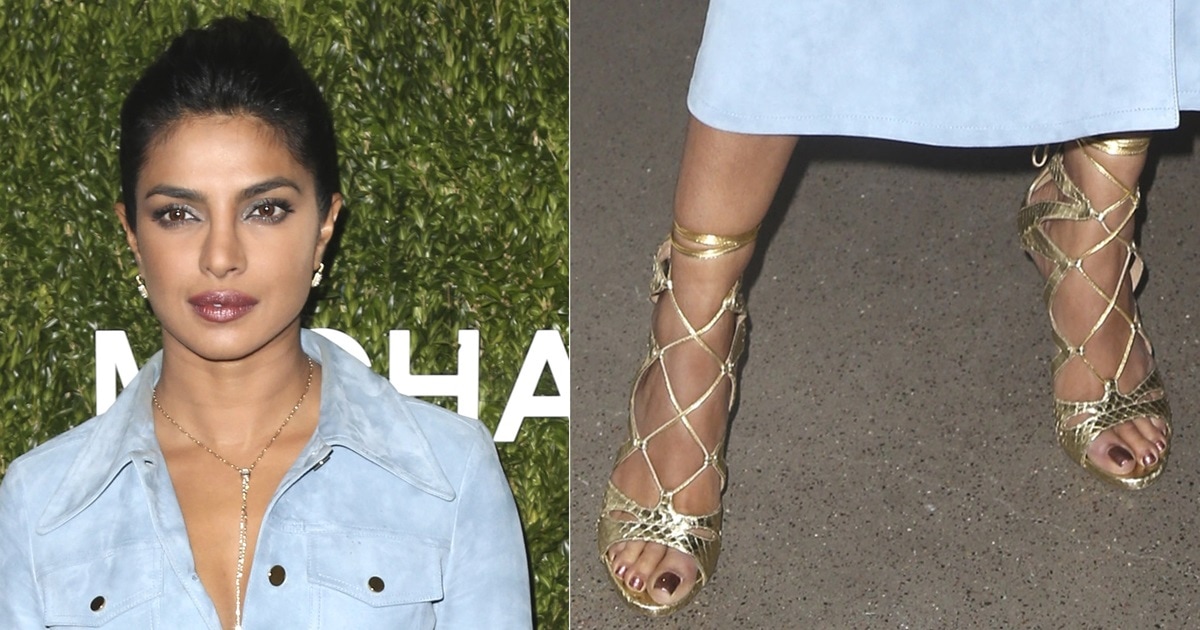Priyanka Chopra's Sexy Feet in Gold Metallic Snakeskin Strappy Sandals...