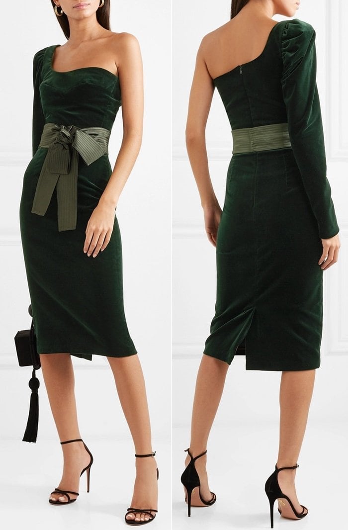 Inspired by traditional Columbian silhouettes, this midi dress is crafted from plush green velvet and cut with an asymmetric one-shoulder neckline and a slightly puffed sleeve