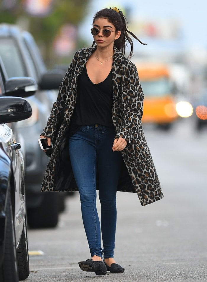Sarah Hyland wears a cheetah coat and eyeball-flats as a spooky inspired outfit to Shape House Spa in Studio City on October 13, 2018