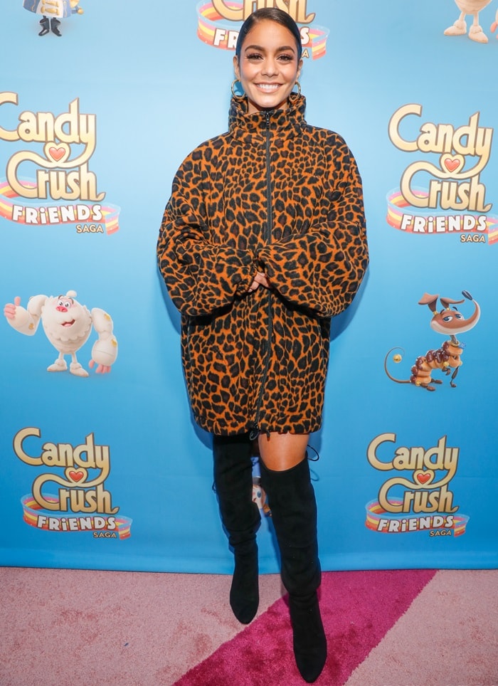 Vanessa Hudgens wearing a leopard fleece print sweatshirt to the launch of the new Candy Crush Friends Saga game in New York City on October 11, 2018