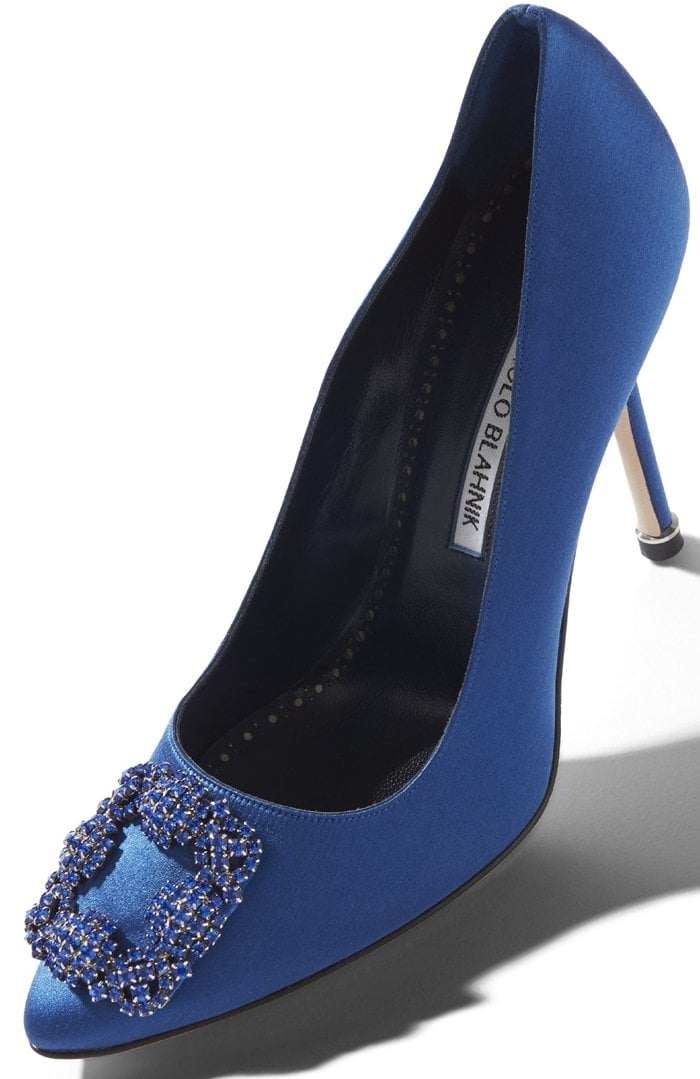 Blue Embroidered Satin Jewel Buckle Pumps
