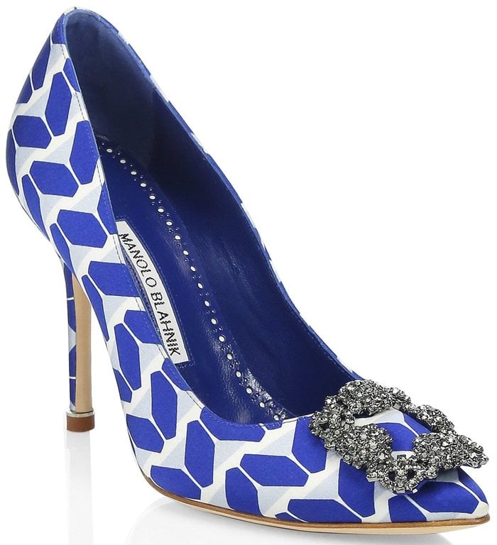 Leather and silk pumps with geometric print finished with an embellished square brooch at the toe