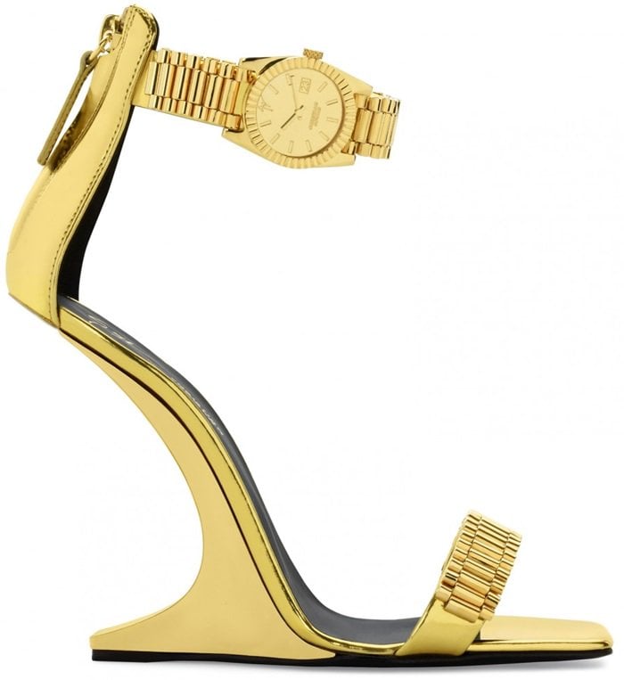 Gold Sandals With Metal Watch Buckle-Fastening