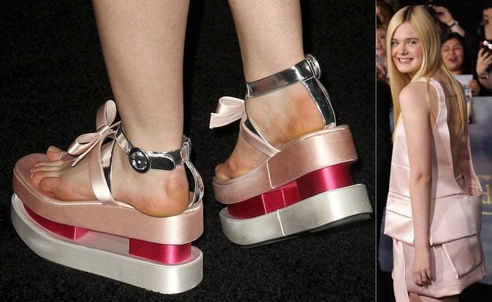 Elle Fanning steps out in chunky platform sandals, drawing attention to her yellow-tinged feet at the premiere of The Twilight Saga: Breaking Dawn – Part 2