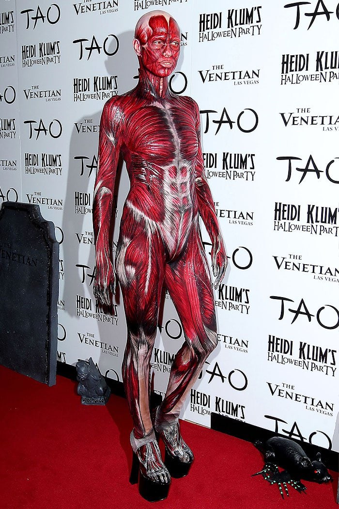 Heidi Klum as a dead body with peeled-off skin at her 2011 Halloween Party