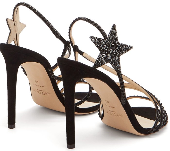 Lynn in black suede is a glamorous strappy sandal that combines both stars and crystals