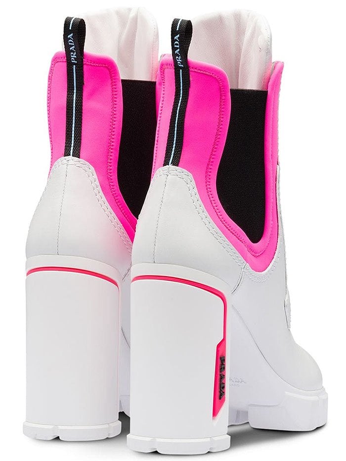 Prada neon-pink-trim white-leather sporty booties