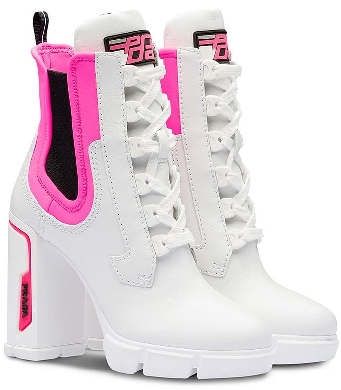 Prada pink-neon-trim sporty chunky-heel booties