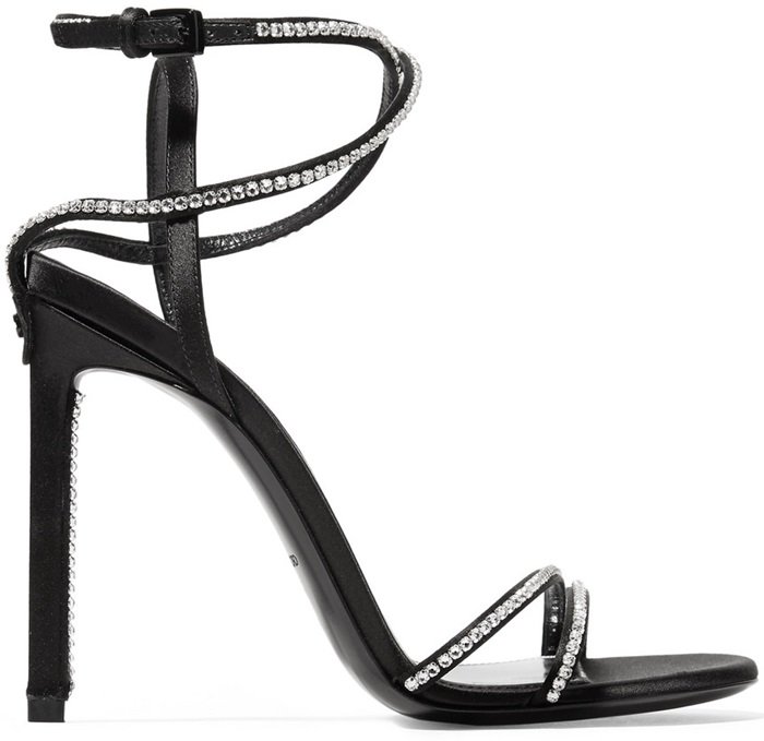 Crafted in Italy from lustrous black satin, these sandals are embellished with delicate crystals along the straps that elegantly wrap around your ankle