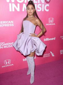 Ariana Grande With Faux-Ponytail Extension in Lavender Mini-Dress