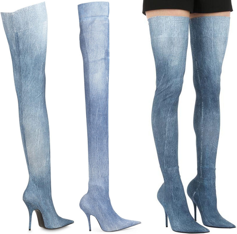 Balenciaga's distressed denim print Knife thigh-high boots