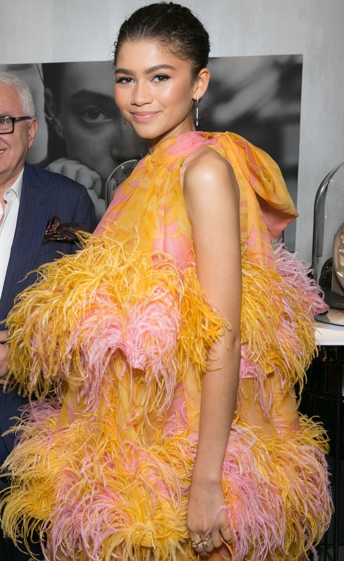 Zendaya's big bird Marc Jacobs Spring 2019 dress at jewelry brand Âme‘s launch event at the Eric Buterbaugh Gallery in Los Angeles on December 13, 2018