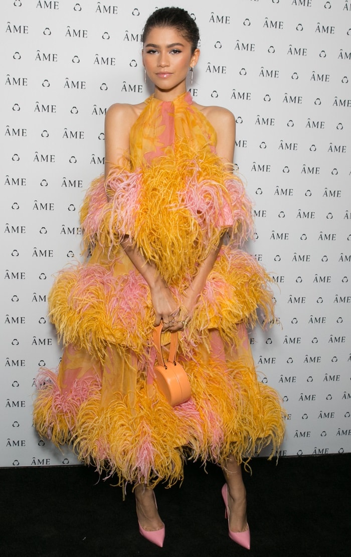 Zendaya in an adorable orange and pink ostrich feather dress with pink pointy-toe pumps from Christian Louboutin