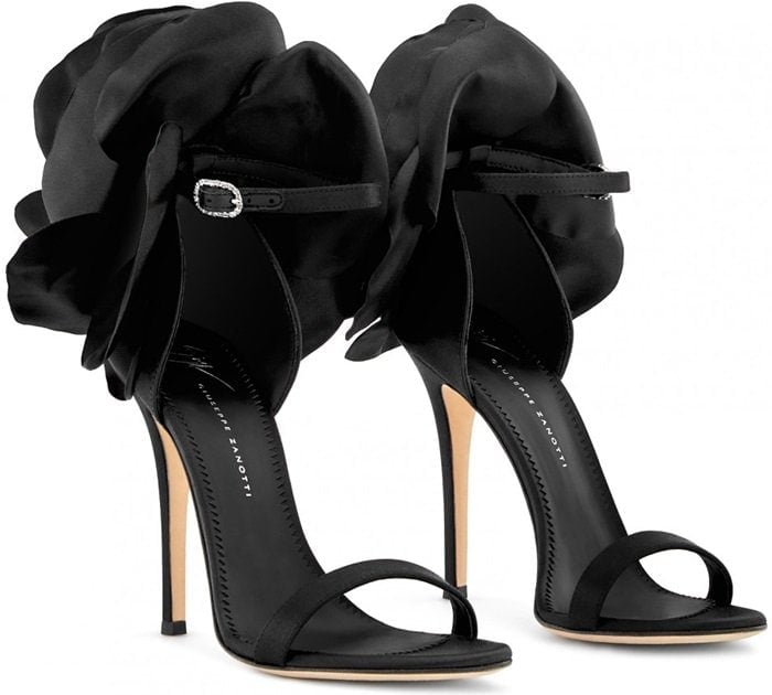 Black Blooming Flower Peony Ankle Strap Sandals