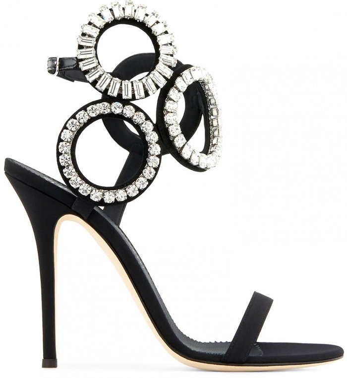 Brilliant crystal-studded circles at the ankle make for a high-wattage shoe