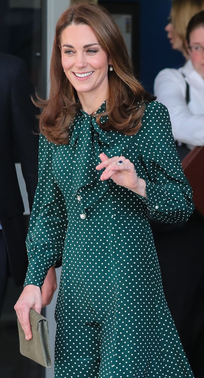 Catherine, Duchess of Cambridge (aka Kate Middleton) totes L.K.Bennett's Dora suede clutch in khaki